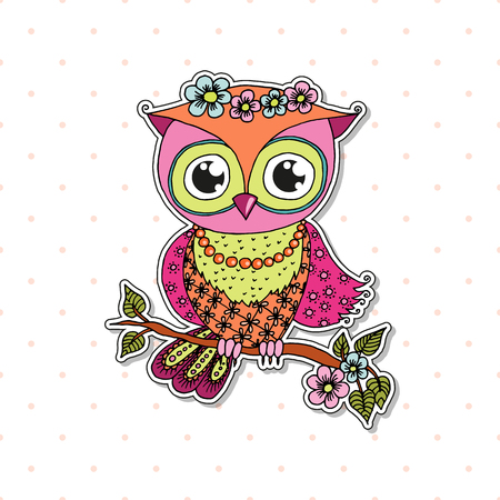 Cute cartoon owl sitting on tree branchのイラスト素材