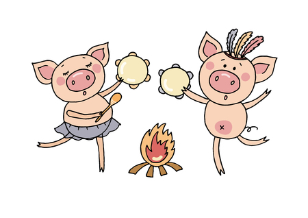 Vector illustration of a two little pigs playing tamburines.のイラスト素材