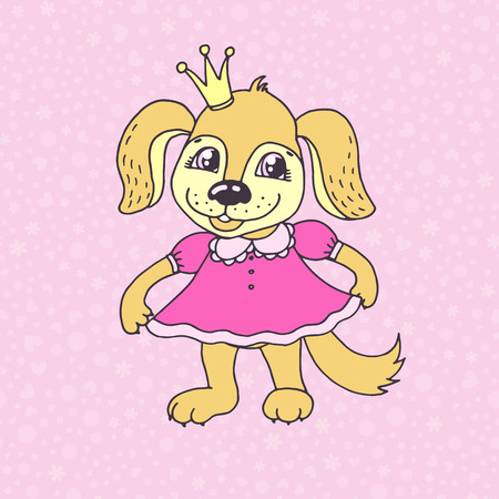 Cute cartoon puppy girl in pink dress. Little dog princess vector illustration for kids design.のイラスト素材