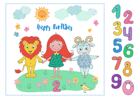 Cute lion, girl and sheep with cute and funny colorful number characters from 0 to 9. Can be used for birthday cards, baby announcement, invitations. Cartoon vector illustration on white background.のイラスト素材