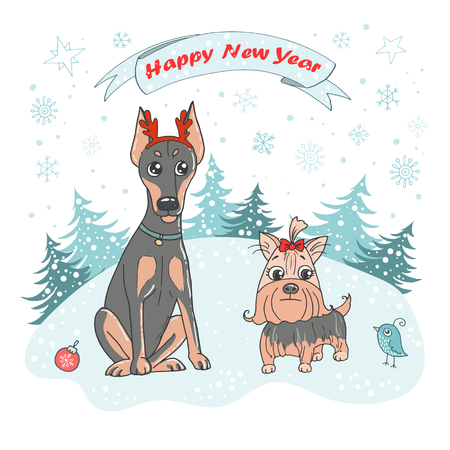 Cute dog and bird in cartoon styleの写真素材