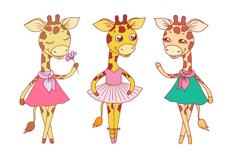 Cute giraffes - with closed eyes in pink dress, ballerina dances in a tutu and on pointes.のイラスト素材