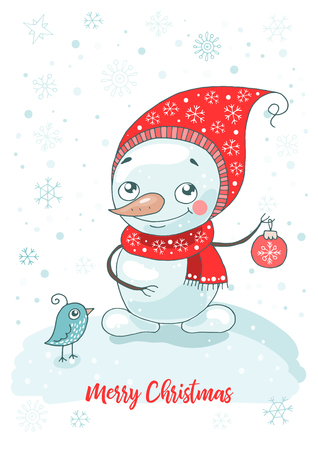 Christmas Greeting Card with cute snowmanの写真素材