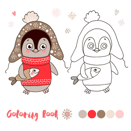 Vector illustration of cute little penguin in warm clothes with fish in cartoon style, linear drawing. Black and white, colorful images, be used for coloring book.のイラスト素材