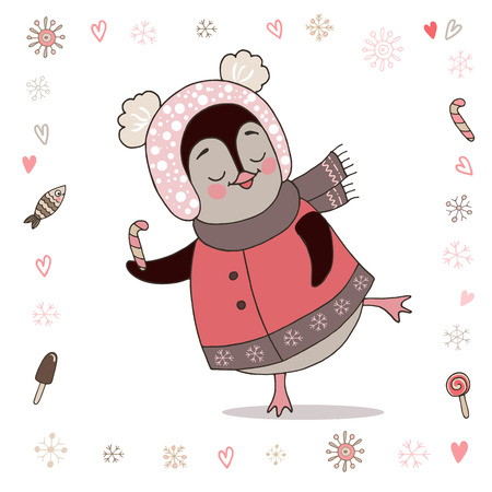 Cute mom penguin is dancing. Illustration on white background with lovely frame made of snowflake. Design for kid t-shirts, greeting cards or postcard for Happy mothers day, birthday and other holidayのイラスト素材