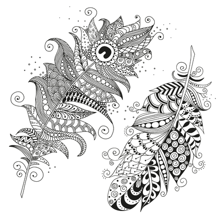 Two hand drawn feather on white background. Coloring for adults. Vintage tribal feather. Isolated vector illustration, design element. Black and white.のイラスト素材