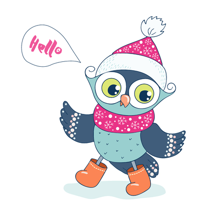 Cute colorful cartoon owl says Hello. Vector illustration on white background. Childish cartoon design for kid t-shirts or greeting cards.のイラスト素材