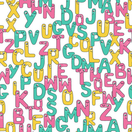 Bright seamless pattern with funny alphabet with eyes. Cute cartoon illustration for gift wrapping paper, textiles, birthday and other holiday.のイラスト素材
