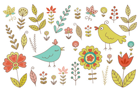 Vintage set for your design with birds and flowersのイラスト素材