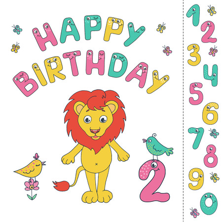 Cute lion with fun colorful number characters from 0 to 9. The phrase happy birthday is written with the use of funny letters with eyes.のイラスト素材