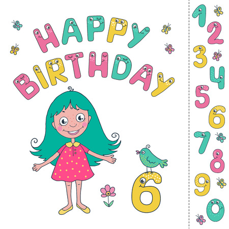 Cute little girl with fun colorful number characters from 0 to 9. The phrase happy birthday is written with the use of funny letters with eyes. Can be used for birthday cards, baby announcement, invitations.のイラスト素材