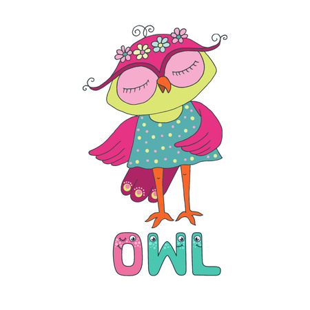 Cute owl with closed eyes in blue dressのイラスト素材