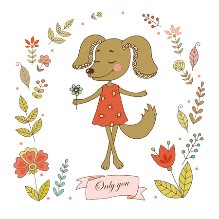 Cute dog with vintage frame for your design in doodle style.のイラスト素材