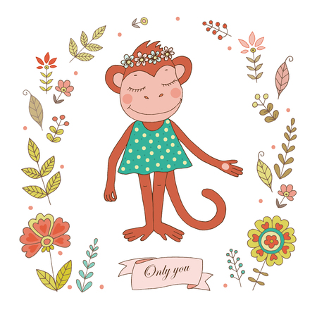 Cute monkey with vintage frame for your design in doodle style.のイラスト素材