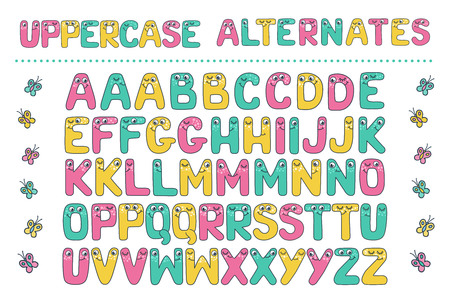 Big set of cute letters fom Kids alphabet with eyes. Funny Font. Cartoon vector illustration on white background for children.のイラスト素材