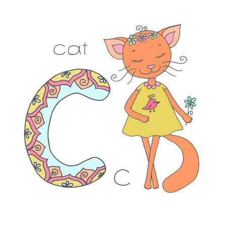 Cute cat with closed eyes in yellow dress with birdのイラスト素材