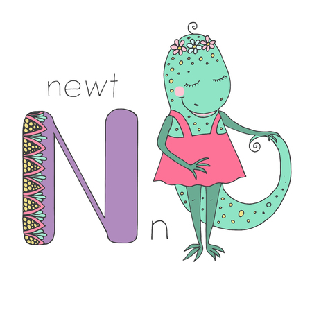 Cute newt with closed eyes in pink dress. Letter N of the kids alphabet with elements zentangle, doodling style for children education. Vector illustration on white backgroundのイラスト素材