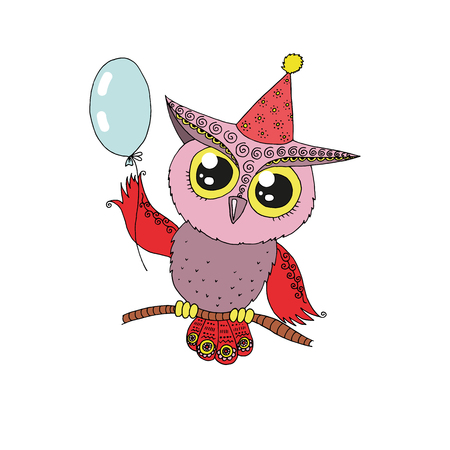 Cute cartoon owl sitting on tree branchのイラスト素材