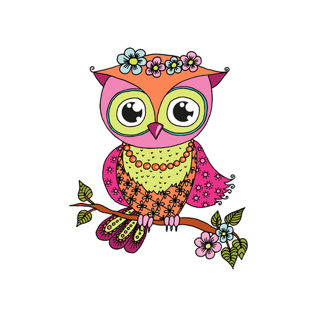 Cute cartoon owl sitting on tree branchのイラスト素材