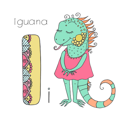 Cute iguana with closed eyes in pink dressのイラスト素材