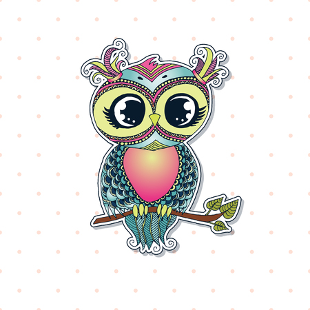 Cute colorful cartoon owl sitting on tree branchのイラスト素材