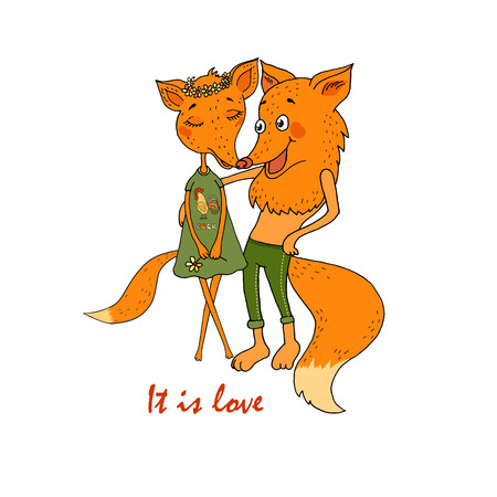 Two cute foxes fallen in love. Vector funny illustration for Valentine's Day, wedding design, scrapbook, gift wrapping paper, textiles. Cartoon style. It is loveのイラスト素材