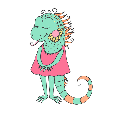 Cute iguana with closed eyes in pink dressのイラスト素材