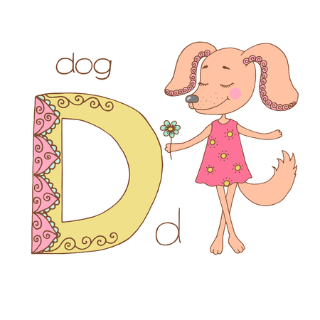 Cute puppy with closed eyes in pink dress with peas.のイラスト素材