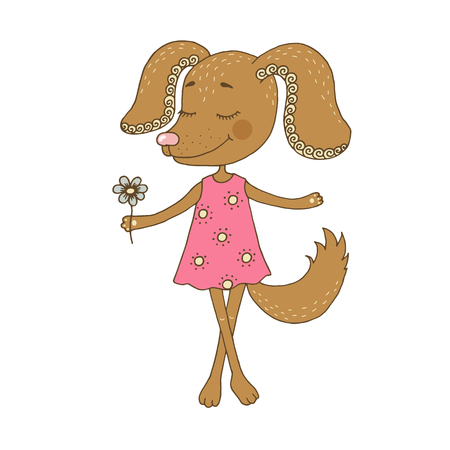 Cute dog girl with closed eyes in pink dress.のイラスト素材