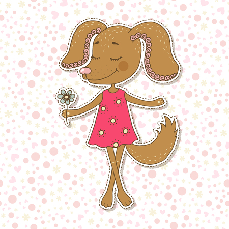 Cute dog girl with closed eyes in pink dress.のイラスト素材