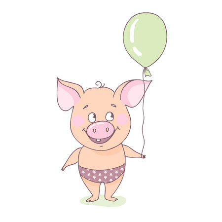 Happy little pig is standing with a balloonのイラスト素材