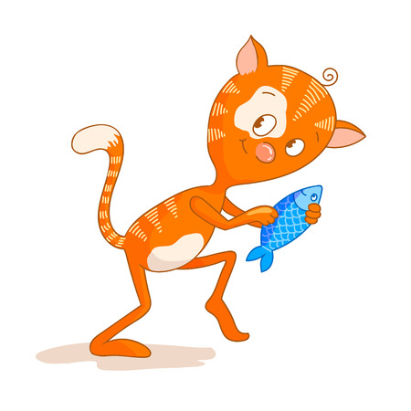 A ginger funny cat holds fish that he caughtのイラスト素材