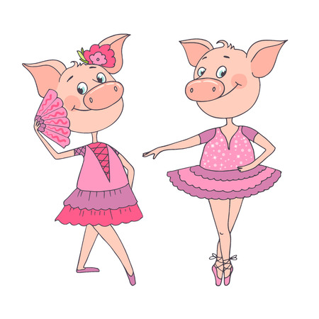 Two funny cute pigs are in a beautiful dressesのイラスト素材