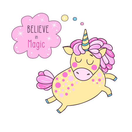 Cute magic yellow unicorn say Believe in magicのイラスト素材