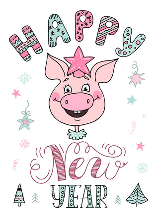 Portrait of a cute smiling pig in a star-shaped hatのイラスト素材