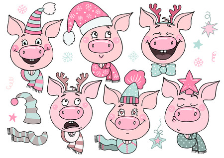 Set of cute pigs with emotions of joy and happinessの写真素材