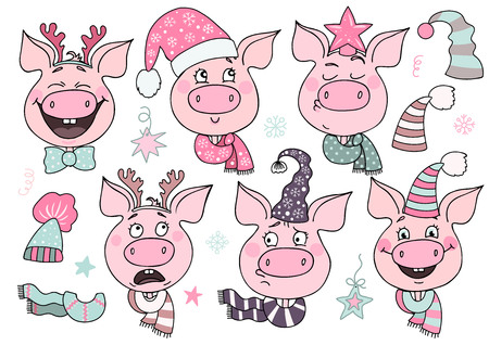 Set of cute pigs with emotions of joy and happinessの写真素材