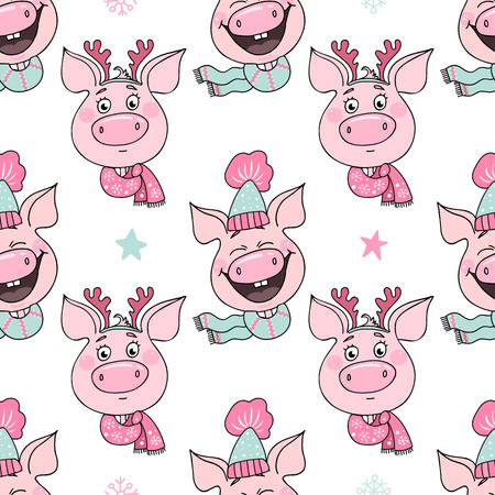 Seamless pattern of funny pigs with emotions of joy and embarrassmentの写真素材