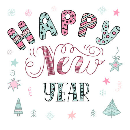 Happy New Year text, hand drawn lettering. Vector design element in doodle style. Christmas holiday illustration for design greeting cards, invitations.のイラスト素材
