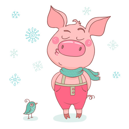 Funny cute pig with an arrogant expression, dressed in in pink pants and scarf. Cheerful vector illustration for design of the New Year on white background with snowflakes. Symbol of the year 2019のイラスト素材