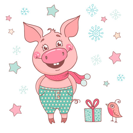 Funny cute laughing pig dressed in in green pants in a peasの写真素材