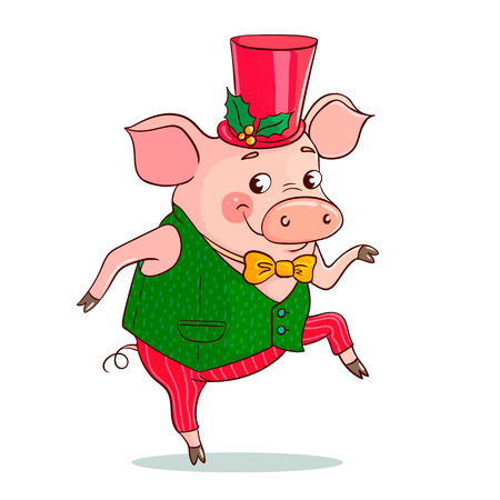 Funny cute pig is dancing. The pig is dressed in a vest and a bow tie, a tall hat decorated with a Christmas flower. Excellent vector illustration for the design of the new year, sales, postcards.のイラスト素材