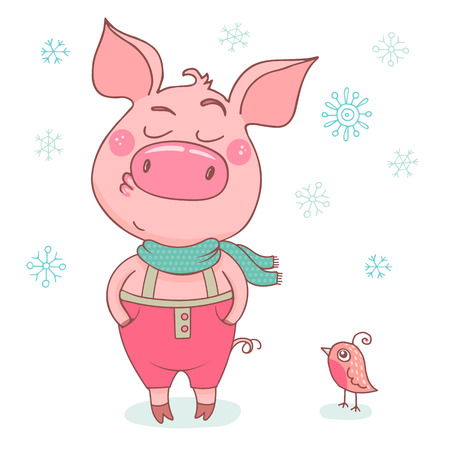 Funny cute pig with an arrogant expression, dressed in in pink pants and scarf. Cheerful vector illustration for design of the New Year on white background with snowflakes. Symbol of the year 2019のイラスト素材