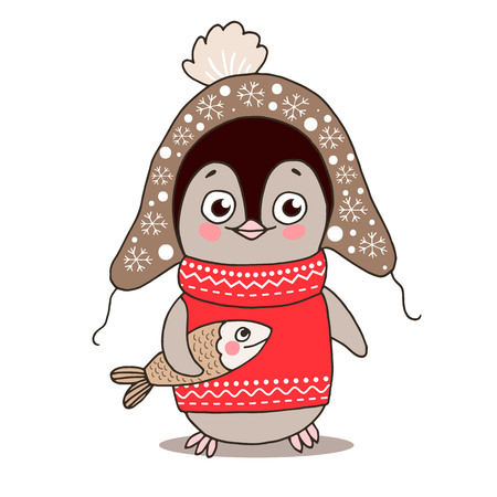 Cute little penguin in warm clothes with fish. Vector illustration on white background. Childish cartoon design for kid t-shirts or greeting cards.のイラスト素材
