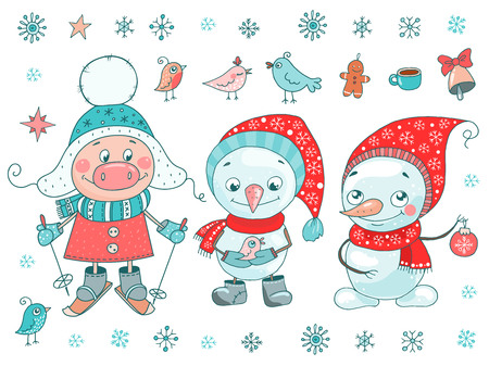 Cute set of pig, snowmen, birds and snowflakesの写真素材
