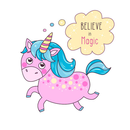 Cute magic pink unicorn say Believe in magic. Can be used for birthday cards, baby announcement, invitations. Cartoon vector illustrationのイラスト素材