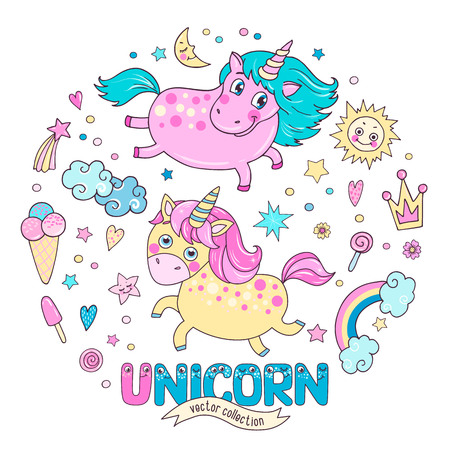 Cute magic collection with two unicorns, rainbow, clouds, ice cream, sun, hearts and stars. Word unicorn from the funny children's alphabet with the eyes. Lovely hand drawn element set for your designのイラスト素材