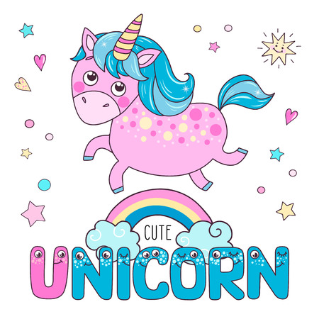 Cute magic pink unicorn, rainbow and word unicorn from the funny children's alphabet with the eyes. Can be used for birthday cards, baby announcement, invitations. Cartoon vector illustrationのイラスト素材