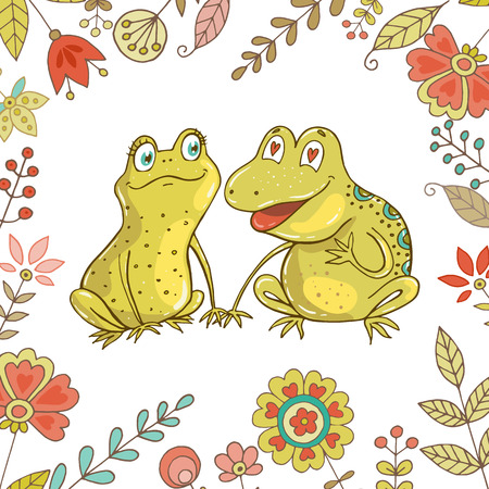 Two cute frogs fallen in love. Vintage set for your design with frogs and flowers. Lovely crafted design for Valentine's Day, wedding, postcards and prints.のイラスト素材
