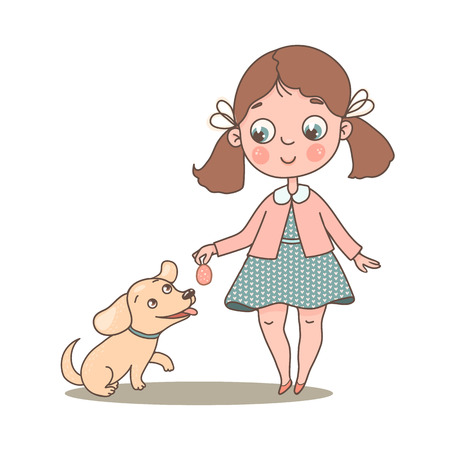 Little cute girl with her beloved dogのイラスト素材